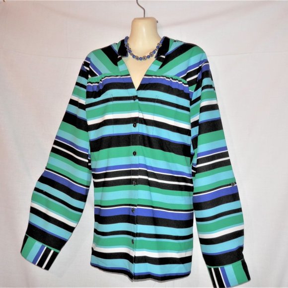 Notations 2X Turquoise Stripe Button Top H580 - Picture 4 of 6